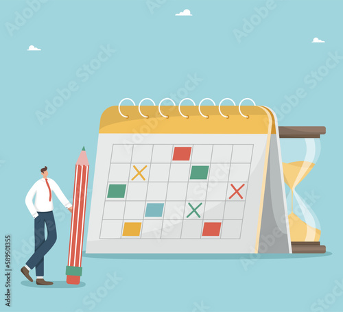Calendar schedule, work planning and organization, time management, business schedule of meetings and events, efficiency in completing tasks and business goals, a man with a pencil near the calendar.