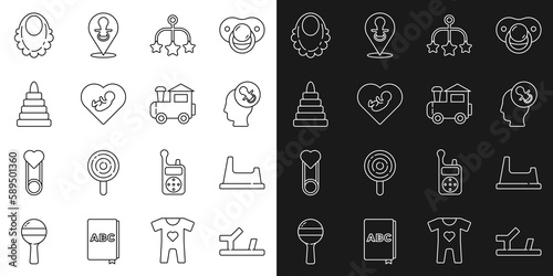 Set line Baby shoes, potty, dummy pacifier, crib hanging toys, inside heart, Pyramid, bib and Toy train icon. Vector
