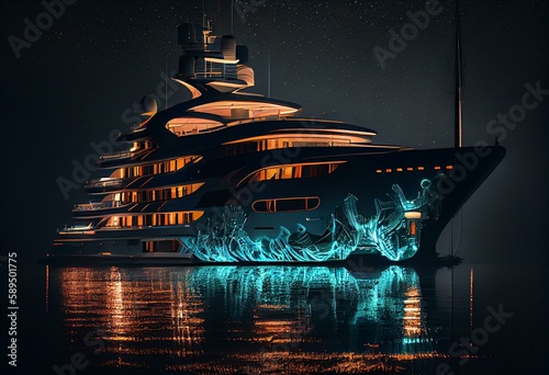 Generative AI illustration of superyacht at night photo
