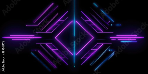 Neon arrow illuminating a dark background, synthpunk style, sky blue and purple hues, mysterious 2:1 aspect ratio backdrop. Generative ai illustration photo