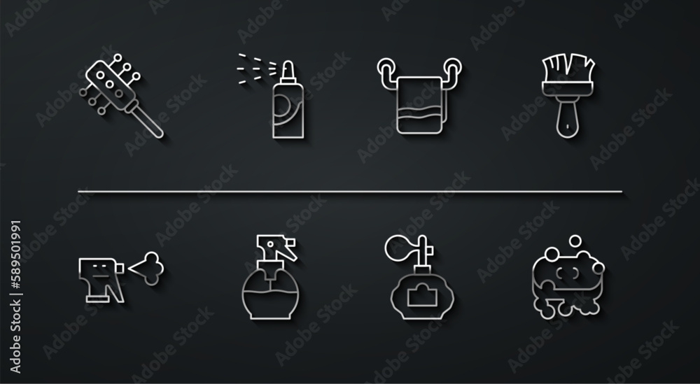 Set line Hairbrush, Hairdresser pistol spray bottle, Shaving, Aftershave, Spray can for hairspray, Bar of soap with foam and Towel on hanger icon. Vector Set line Hairbrush, Hairdresser pistol spray bottle, Shaving, Aftershave, Spray can for hairspray, Bar of soap with foam and Towel on hanger icon. Vector
