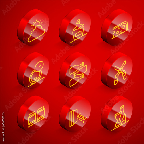 Set line Sun and cloud weather, Old bottle of wine, Cheese, Wooden barrel for, Bottles, Gardening scissors, and Wine tasting, degustation icon. Vector