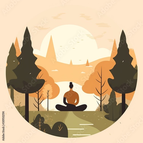 A simple flat illustration of a person practicing mindfulness meditation, sitting cross-legged in a serene environment, surrounded by nature, earthy color scheme. gen. ai
