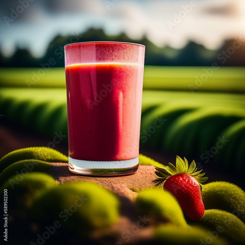 Desfrute de uma deliciosa Vitamina de Morango acompanhada por morangos frescos, enquanto aprecia uma vista deslumbrante de um campo verde em um dia ensolarado.