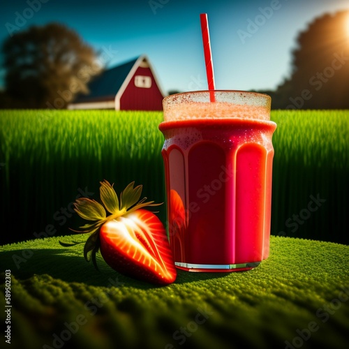 Desfrute de uma deliciosa Vitamina de Morango acompanhada por morangos frescos, enquanto aprecia uma vista deslumbrante de um campo verde em um dia ensolarado. 