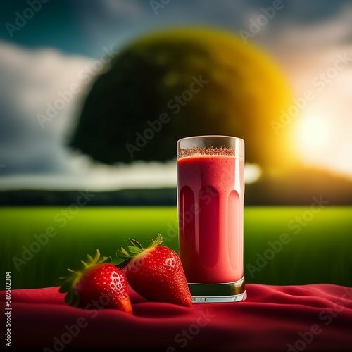 Desfrute de uma deliciosa Vitamina de Morango acompanhada por morangos frescos, enquanto aprecia uma vista deslumbrante de um campo verde em um dia ensolarado.