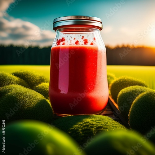 Desfrute de uma deliciosa Vitamina de Morango acompanhada por morangos frescos, enquanto aprecia uma vista deslumbrante de um campo verde em um dia ensolarado. 