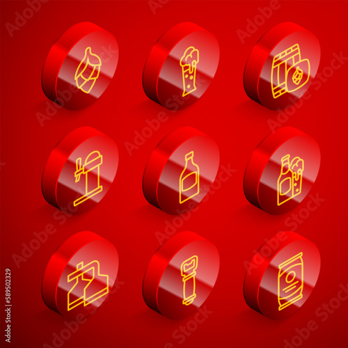 Set line Hop, Glass of beer, Wooden barrel, Dispenser, Beer bottle, and glass, brewing process and Bottle opener icon. Vector