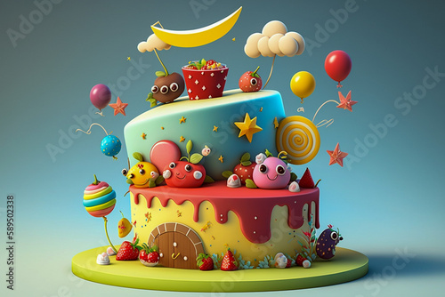 Tasty birthday cake, creative dessert. Super photo realistic, generative ai illustration