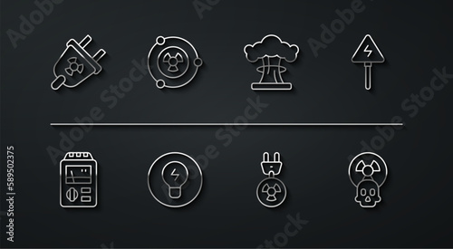 Set line Radiation electrical plug, Dosimeter, High voltage sign, Light bulb with concept of idea, Radioactive, and Nuclear explosion icon. Vector
