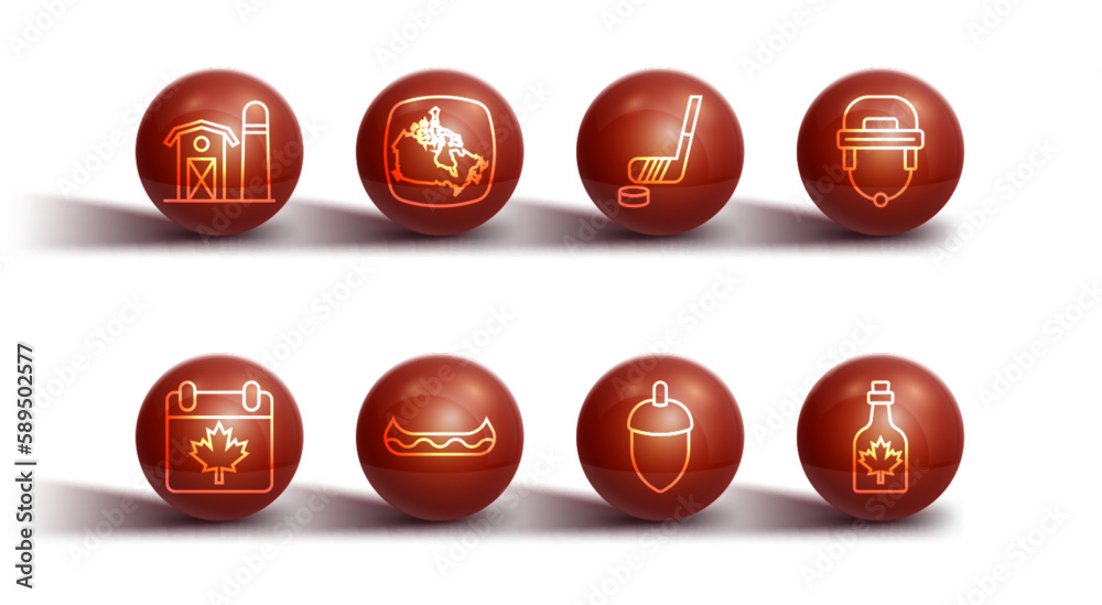 Set line Farm house, Canada day with maple leaf, Hockey helmet, Acorn, Kayak, Bottle of syrup and Ice hockey stick and puck icon. Vector Set line Farm house, Canada day with maple leaf, Hockey helmet, Acorn, Kayak, Bottle of syrup and Ice hockey stick and puck icon. Vector
