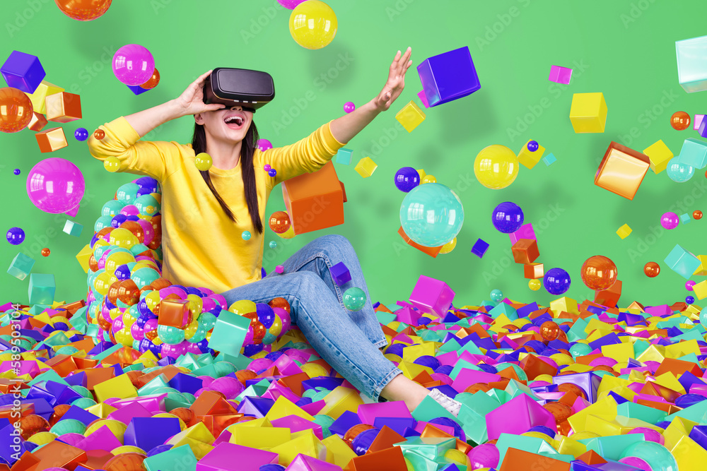 Fototapeta premium Creative collage picture of amazed cheerful girl experiencing virtual reality goggles interactive futurism colorful bubbles objects