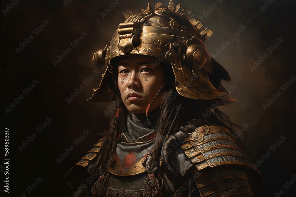 Powerful Oil Painting of a Samurai Warrior, Ai Genrative