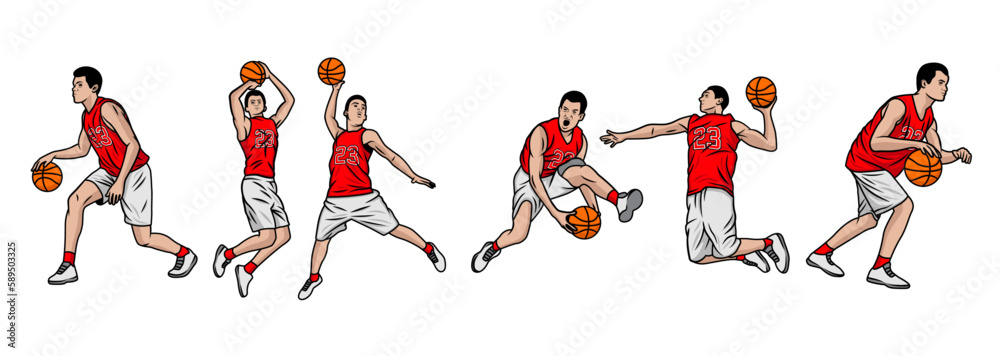 Basketball players illustration vector. Group of basketball players in different playing positions. basketball players team in uniform with ball isolated on white background