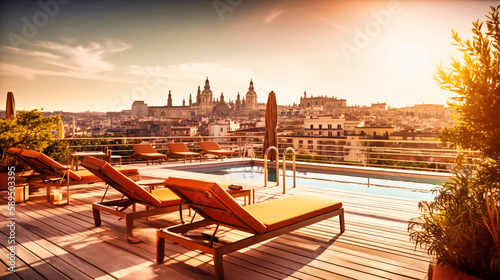 A glimpse of a luxurious rooftop terrace, offering a breathtaking panoramic view of Barcelona's landmarks and skyline