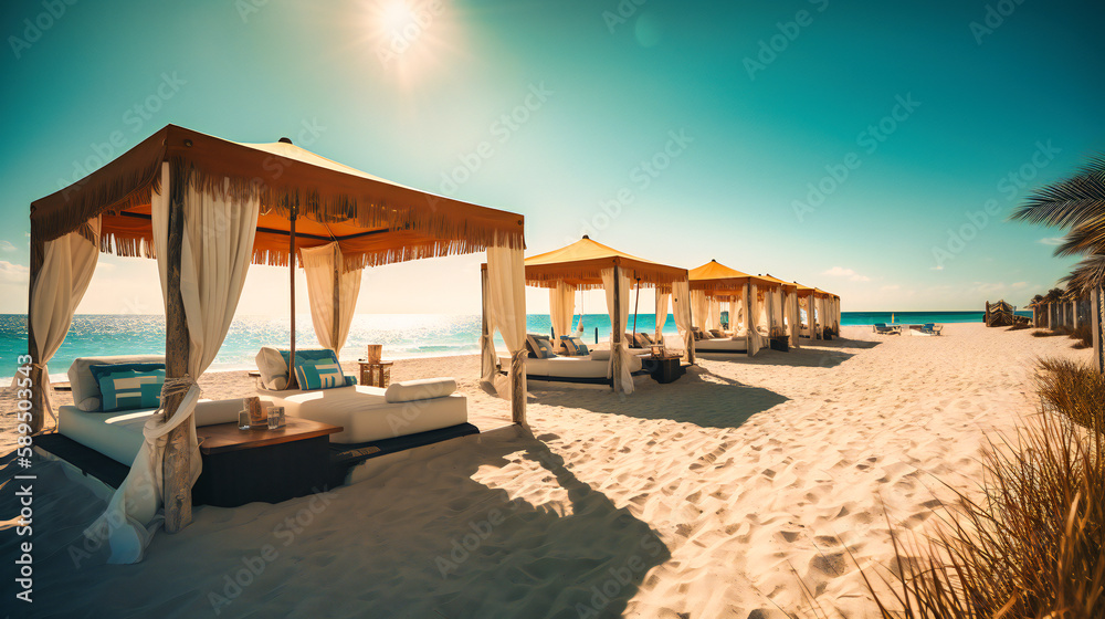 A stunning image of a luxurious summer beach scene, highlighting elegance and relaxation in an idyllic setting