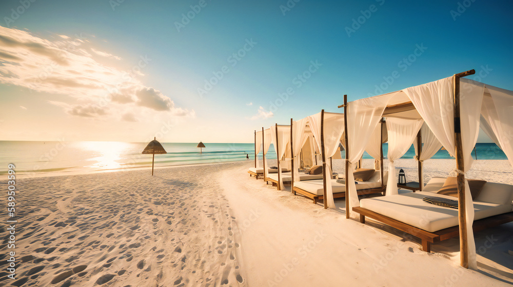 A stunning image of a luxurious summer beach scene, highlighting elegance and relaxation in an idyllic setting