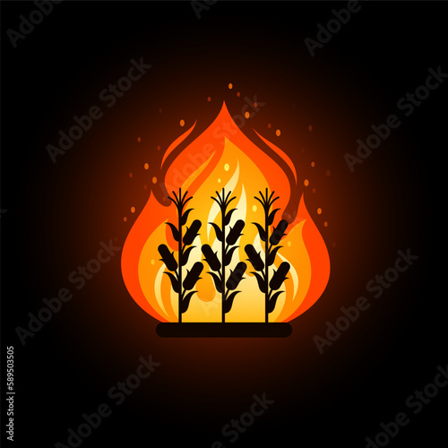 Agriculture field, farm land in fire. Concept of wildfire in countryside, burning plants on plantation or garden. Vector cartoon icon of flame with silhouettes of corn on black background