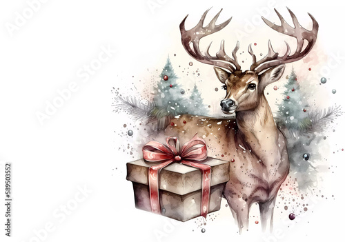 Christmas. Christmas deer with a gift. Copy space. Banner. Generative AI