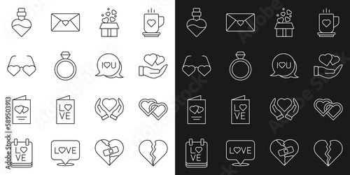 Set line Broken heart or divorce, Two Linked Hearts, hand, Gift box with hearts, Wedding rings, shaped love glasses, Bottle potion and Speech bubble text I you icon. Vector