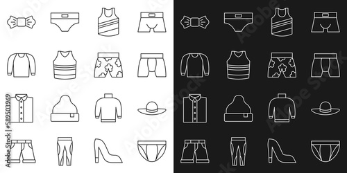 Set line Men underpants, Elegant women hat, Undershirt, Sweater, Bow tie and Swimming trunks icon. Vector