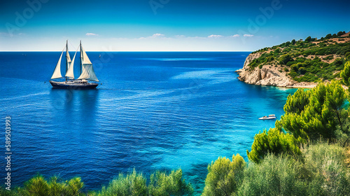 An impressive image of a luxurious summer yacht, emphasizing its sleek design and the stunning coastal backdrop