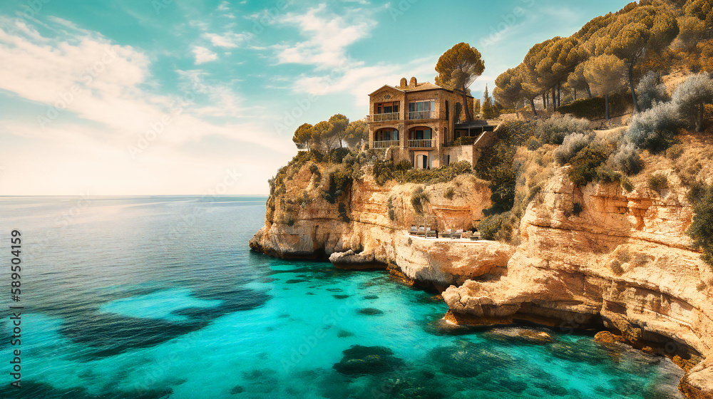 Fototapeta premium An awe-inspiring image of a lavish summer villa set against a pristine beach and turquoise waters