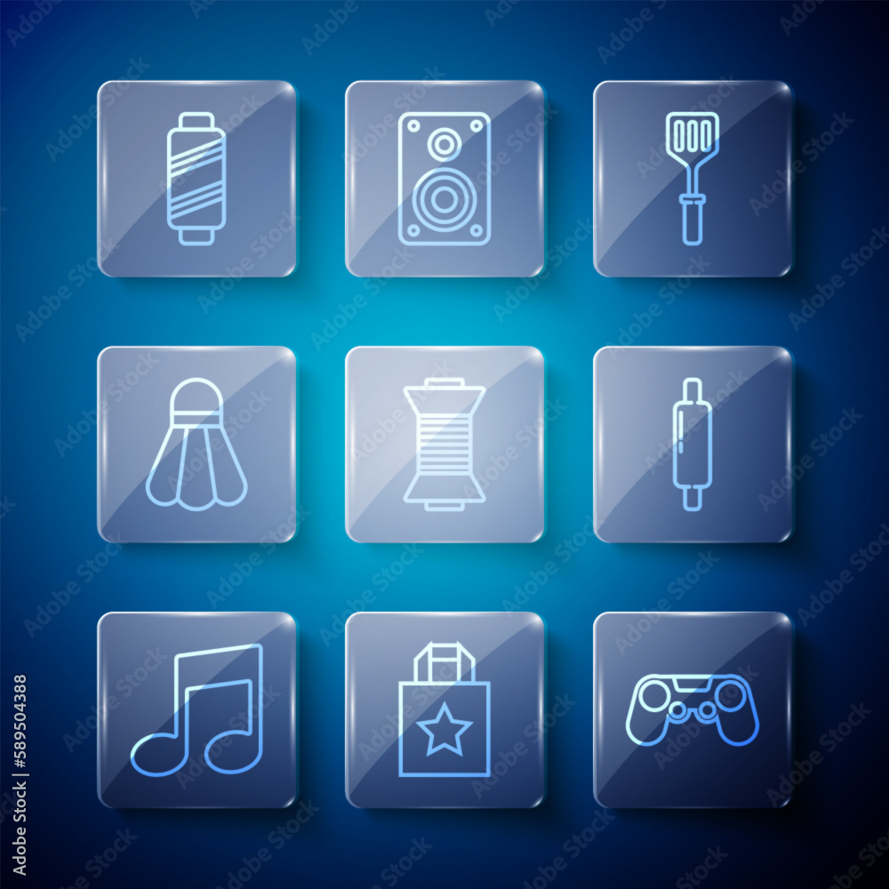 Set line Music note, tone, Paper shopping bag, Gamepad, Spatula, Sewing thread spool, Badminton shuttlecock, and Rolling icon. Vector Set line Music note, tone, Paper shopping bag, Gamepad, Spatula, Sewing thread spool, Badminton shuttlecock, and Rolling icon. Vector