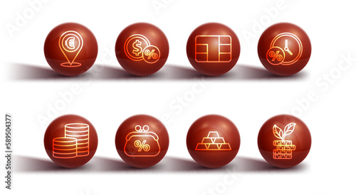 Set line Cash location, Coin money, Clock and percent, Gold bars, Purse, Money coin with, Dollar plant and Credit card chip icon. Vector