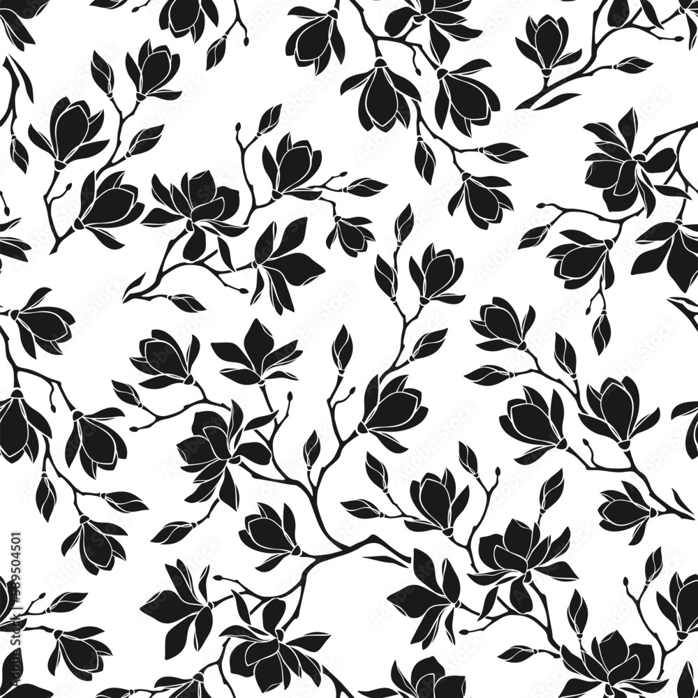 Floral pattern with magnolia flowers. Seamless pattern with magnolia branches silhouettes. Vector black and white seamless background