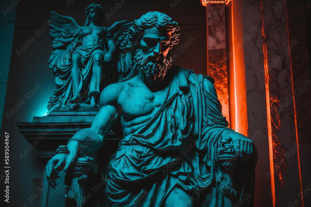 Fototapeta premium A statue of a greek man with red light in the background.