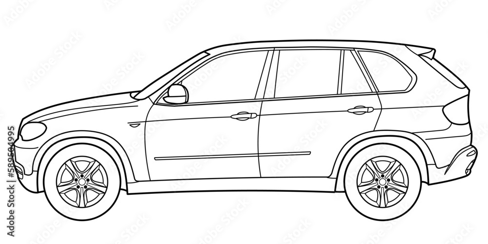 Classic suv car. Crossover car side view shot. Outline doodle vector illustration. Design for print, coloring book Classic suv car. Crossover car side view shot. Outline doodle vector illustration. Design for print, coloring book