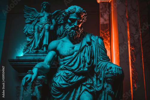 Photography A statue of a greek man with red light in the background.