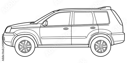 Classic suv car. Crossover car side view shot. Outline doodle vector illustration. Design for print  coloring book