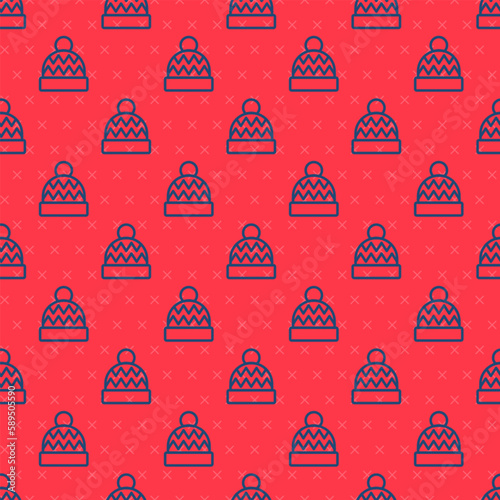 Blue line Beanie hat icon isolated seamless pattern on red background. Vector