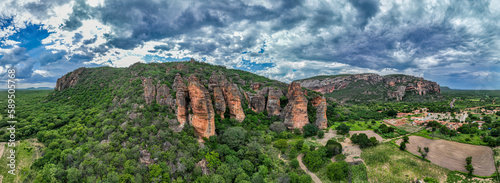 Aerial of the Sandstone cliffs in the Serra da Capivara National Park, UNESCO World Heritage Site, Piaui, Brazil