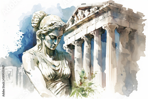 A watercolor painting of a statue of a woman in front of a temple.