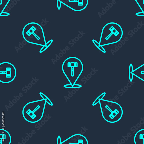 Green line Auction hammer icon isolated seamless pattern on blue background. Gavel - hammer of judge or auctioneer. Bidding process, deal done. Auction bidding. Vector