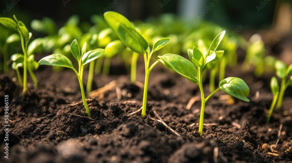 Plant seedlings that have just sprouted from the soil and started to grow in spring Plant seedlings that have just sprouted from the soil and started to grow in spring
