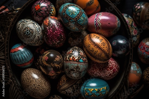 Easter, spring seasonal holiday - colourful painted eggs on dark rustic fabric background © serhiipanin