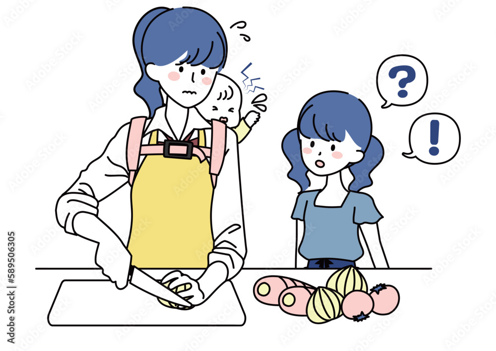 赤ちゃんをおぶって料理をする女子高校生