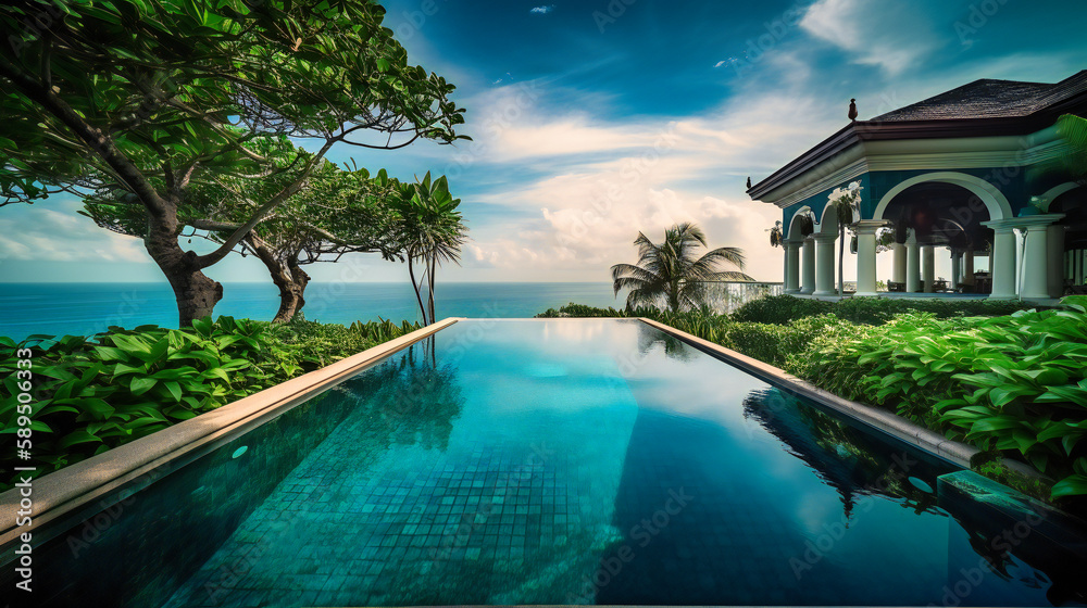 A captivating image of an upscale pool villa, immersed in the tropical landscape and offering a mesmerizing view of the endless ocean, symbolizing ultimate luxury