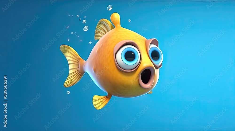 3D cartoon character of a spherical goldfish. Generative AI