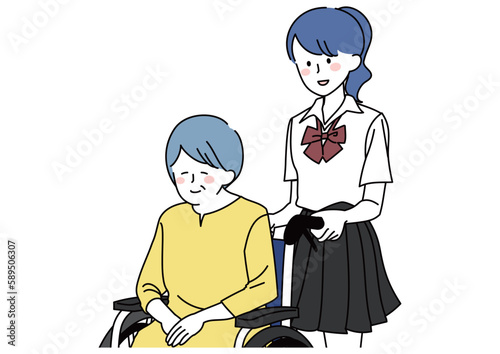 祖母の車いすを押す女子高生