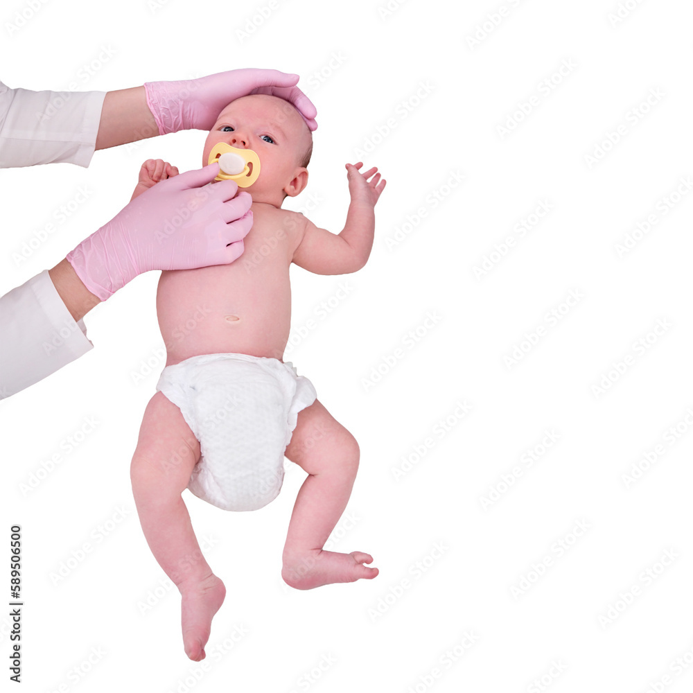 The doctor takes a video on a tablet with a newborn baby, isolated on a white background. A nurse conducts an online consultation on the treatment of a child. Kid aged two months