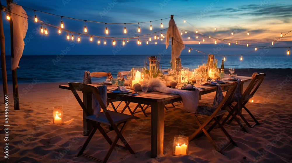 A charming image of a sophisticated alfresco dining experience on a serene beach, enveloped in the warm glow of string lights and candles, exuding romance and luxury