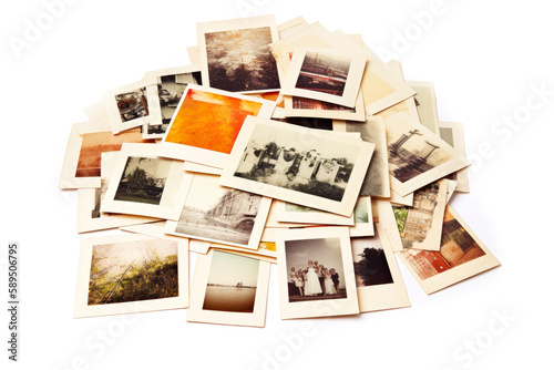 Pile of old photos isolated on white background. Retro style. Generative AI.