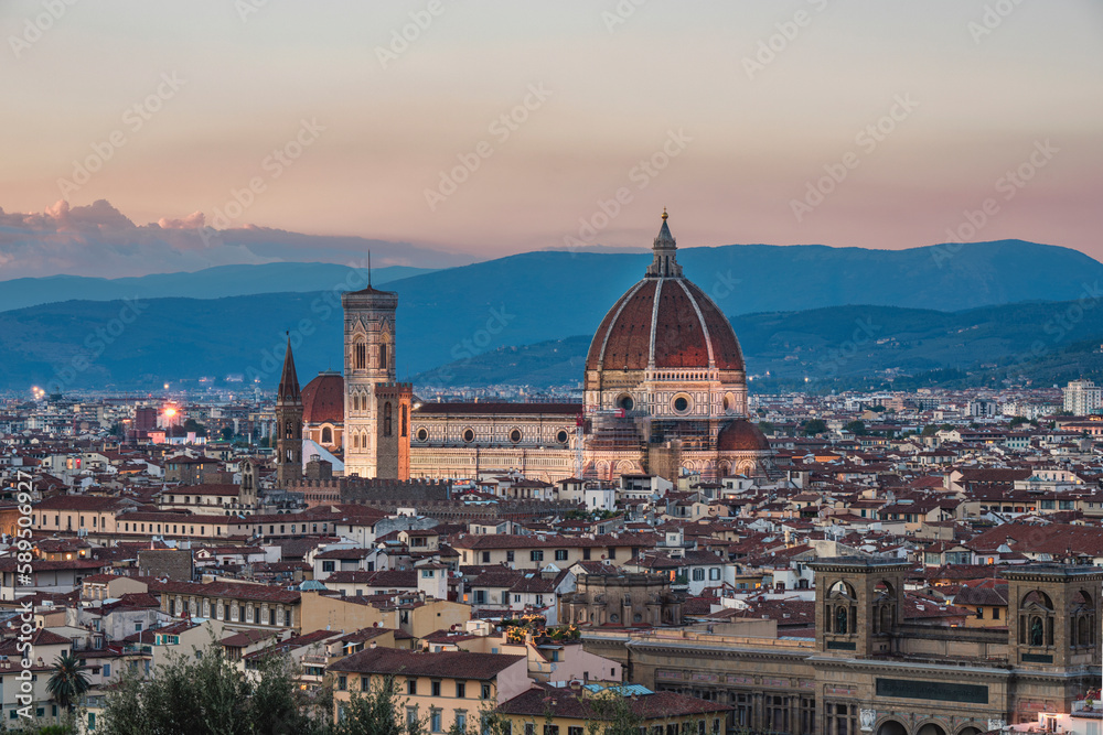 View of Santa Maria del Fiore cathedral from Piazzale Michelangelo in Florence downtown, Tuscany, Italy. View of Santa Maria del Fiore cathedral from Piazzale Michelangelo in Florence downtown, Tuscany, Italy.