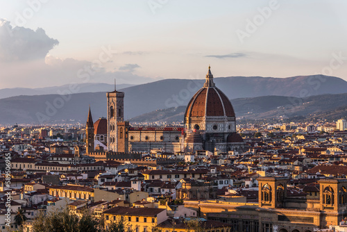 View of Santa Maria del Fiore cathedral from Piazzale Michelangelo in Florence downtown, Tuscany, Italy. photo