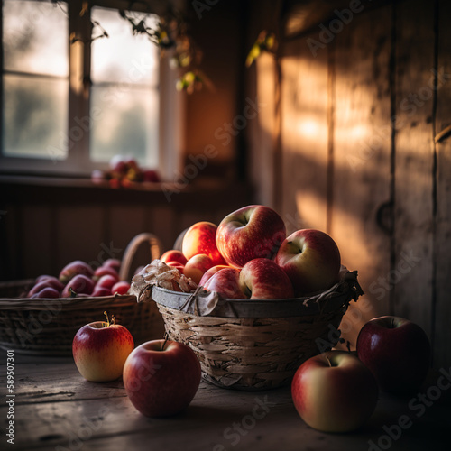 Uma cesta repleta de maçãs repousa sobre uma mesa de madeira, em uma acolhedora casa de madeira, enquanto a luz do sol adentra pela janela.